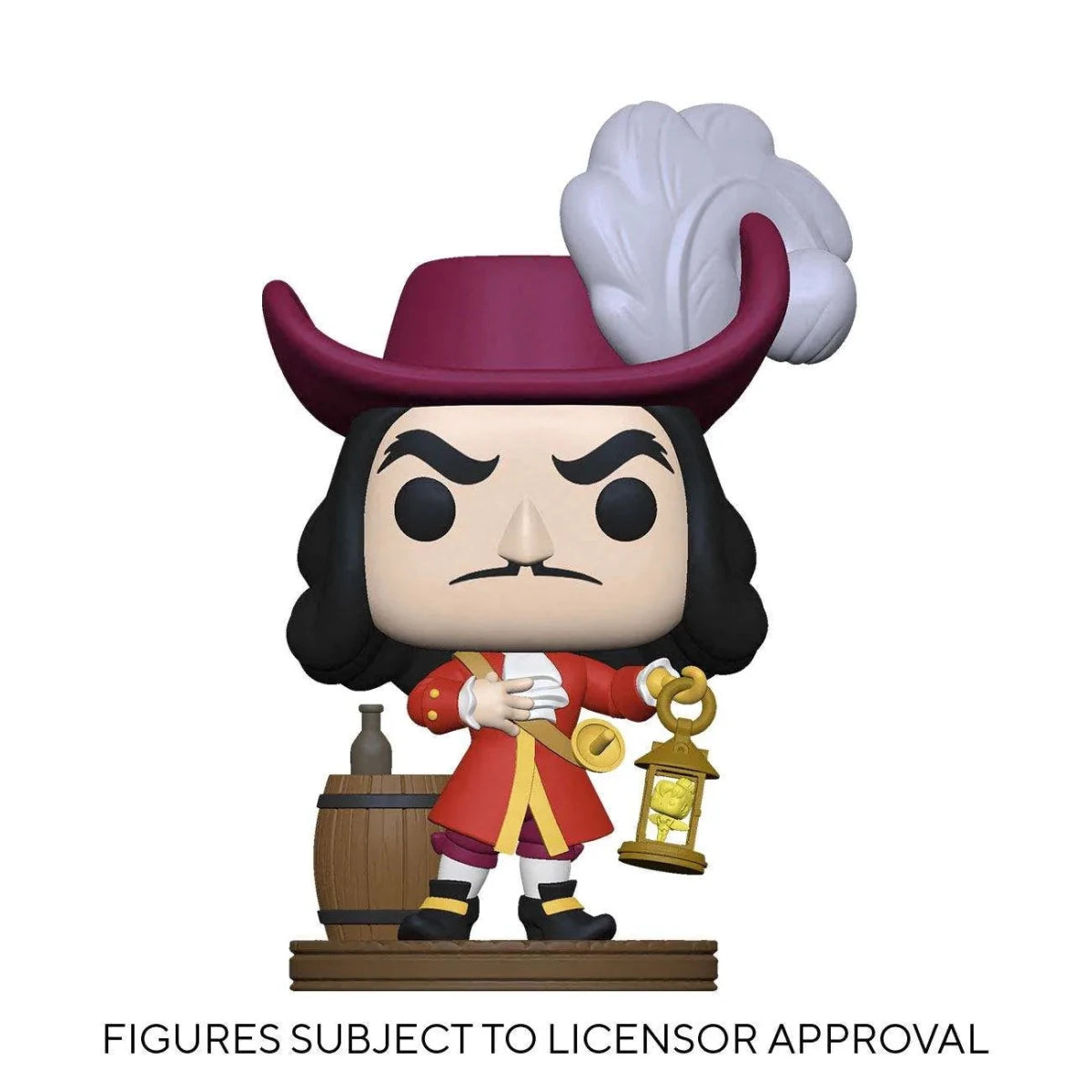 Captain Hook Funko Pop vinyl figure wearing a red coat and feathered hat, holding a lantern beside a wooden barrel.