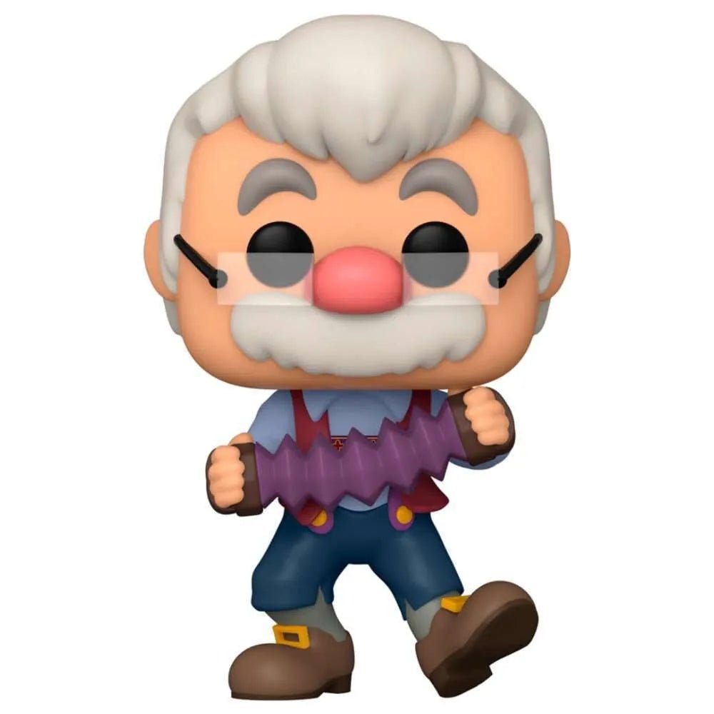 Funko Pop! Geppetto with accordion figure featuring white hair, glasses, and blue trousers in a front-facing view.