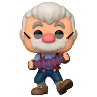 Funko Pop! Geppetto with accordion figure featuring white hair, glasses, and blue trousers in a front-facing view.