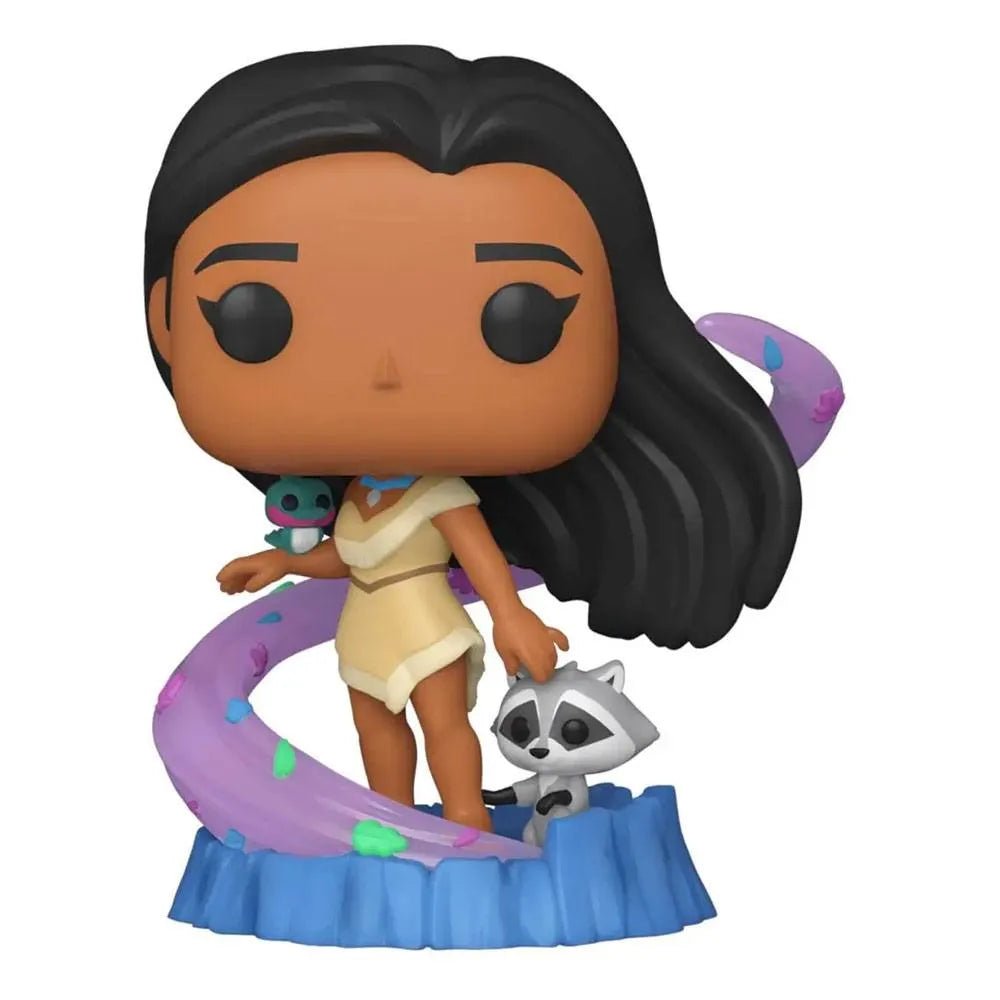 Funko Pocahontas Ultimate Disney Princess Pop! figure with Meeko and Flit on a swirling purple base.