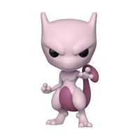 Front view of a light pink Mewtwo Funko Pop vinyl figure with a purple tail and intense black eyes.
