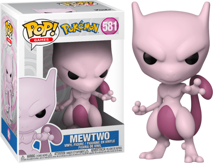 Funko Pokemon Mewtwo Pop! #581 vinyl figure standing in a dynamic pose next to its branded display box.