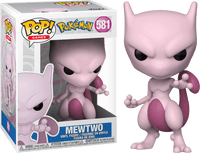 Funko Pokemon Mewtwo Pop! #581 vinyl figure standing in a dynamic pose next to its branded display box.