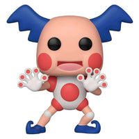Funko Pokemon Mr. Mime Pop! #582 vinyl figure with blue hair, red cheek spots, and white hands in a front-facing pose.