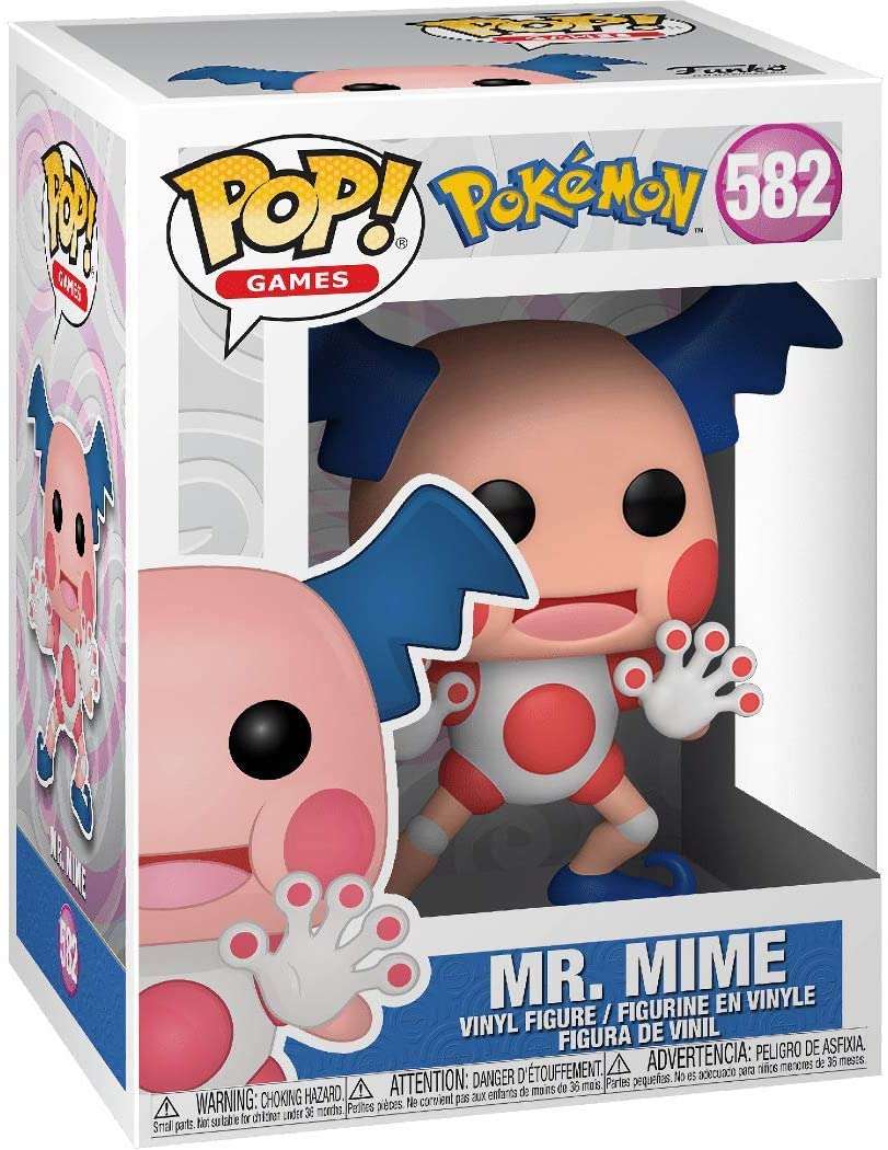 Funko Pokemon Mr. Mime Pop! #582 vinyl figure in its original display box, showing front and side packaging views.