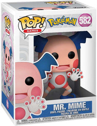 Funko Pokemon Mr. Mime Pop! #582 vinyl figure in its original display box, showing front and side packaging views.