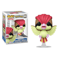 Funko Pokémon Pidgeotto vinyl figure with red crest and yellow wings, shown with its branded display box.