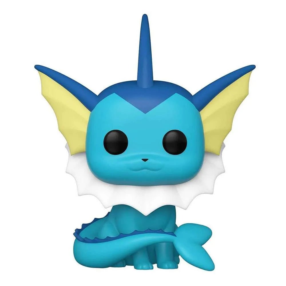 Front view of Funko Pokemon Vaporeon Pop! #627 vinyl figure with blue body, yellow ears, and white neck ruff.