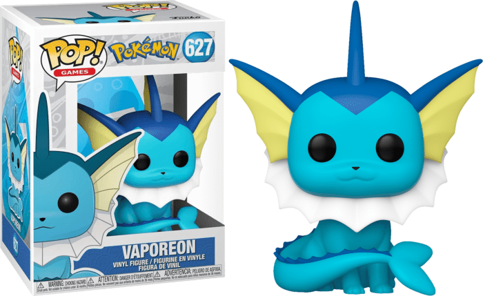 Funko Pokemon Vaporeon Pop! #627 vinyl figure with blue body, yellow ears, and white collar in its display box.