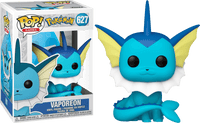 Funko Pokemon Vaporeon Pop! #627 vinyl figure with blue body, yellow ears, and white collar in its display box.