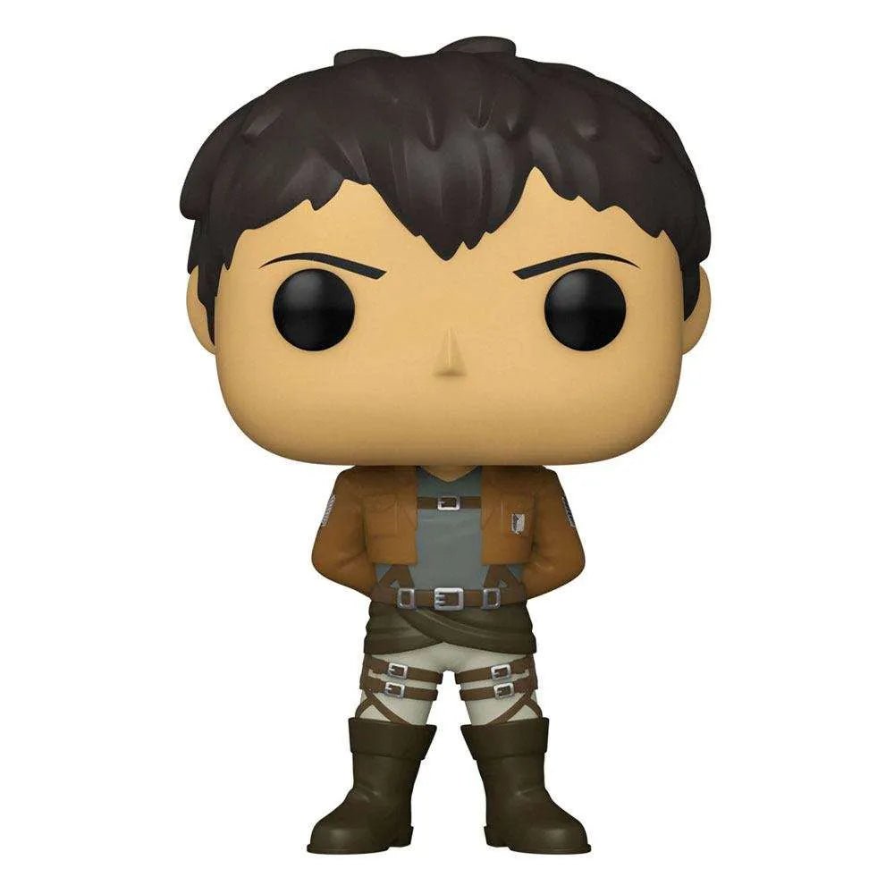 Front view of Funko POP! Bertholdt Hoover figure wearing a brown Survey Corps jacket and gear against a white background.