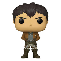 Front view of Funko POP! Bertholdt Hoover figure wearing a brown Survey Corps jacket and gear against a white background.