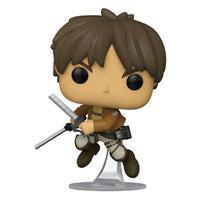 Funko POP! Eren Yeager figure in a dynamic pose, wearing a brown scout jacket and holding dual blades on a clear stand.
