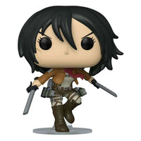 Funko POP! Mikasa Ackerman #1166 figure in Survey Corps uniform, holding dual blades in a dynamic action pose.