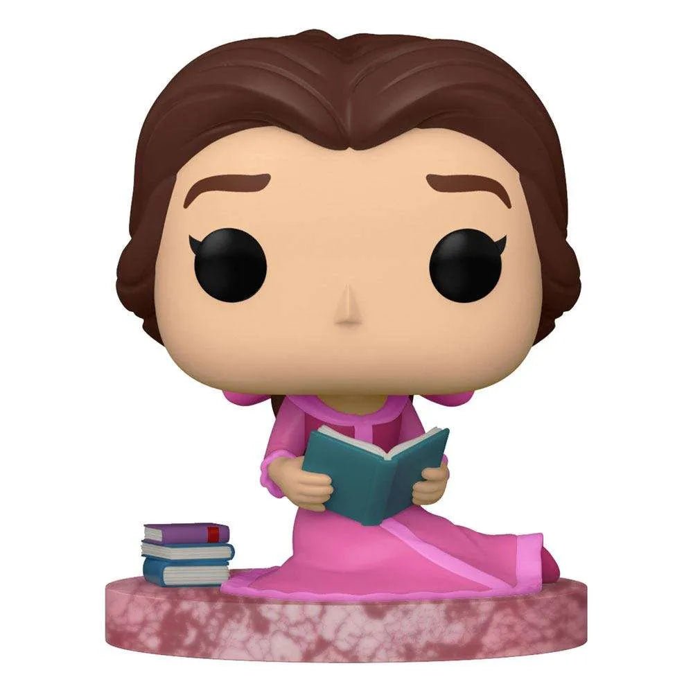 Funko POP! Belle figure in a pink dress reading a book, sitting on a marble-style base with a stack of books nearby.