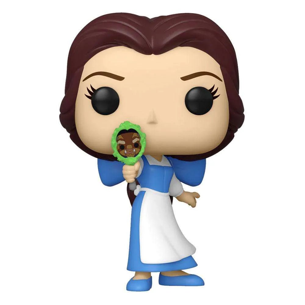 Funko Pop Belle with Mirror 30th Anniversary figure wearing her signature blue dress and holding a green hand mirror.