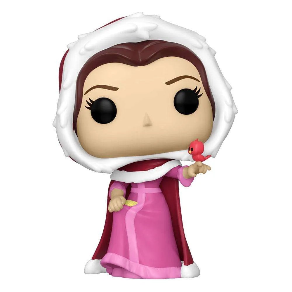 Funko Pop Belle with Winter Cloak figure wearing a pink dress and white-trimmed red hood, holding a small red bird.