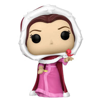 Funko Pop Belle with Winter Cloak figure wearing a pink dress and white-trimmed red hood, holding a small red bird.