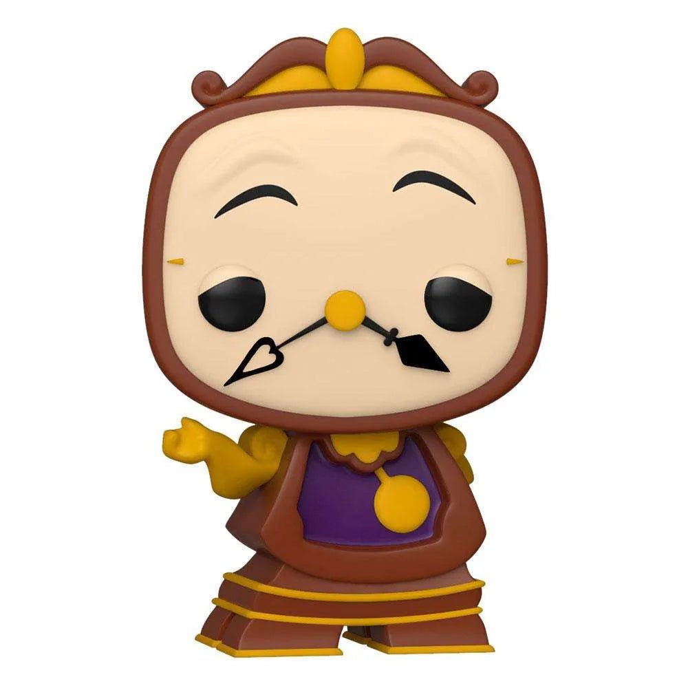 Front view of Cogsworth Funko Pop vinyl figure with brown clock casing, purple chest, and gold accents.