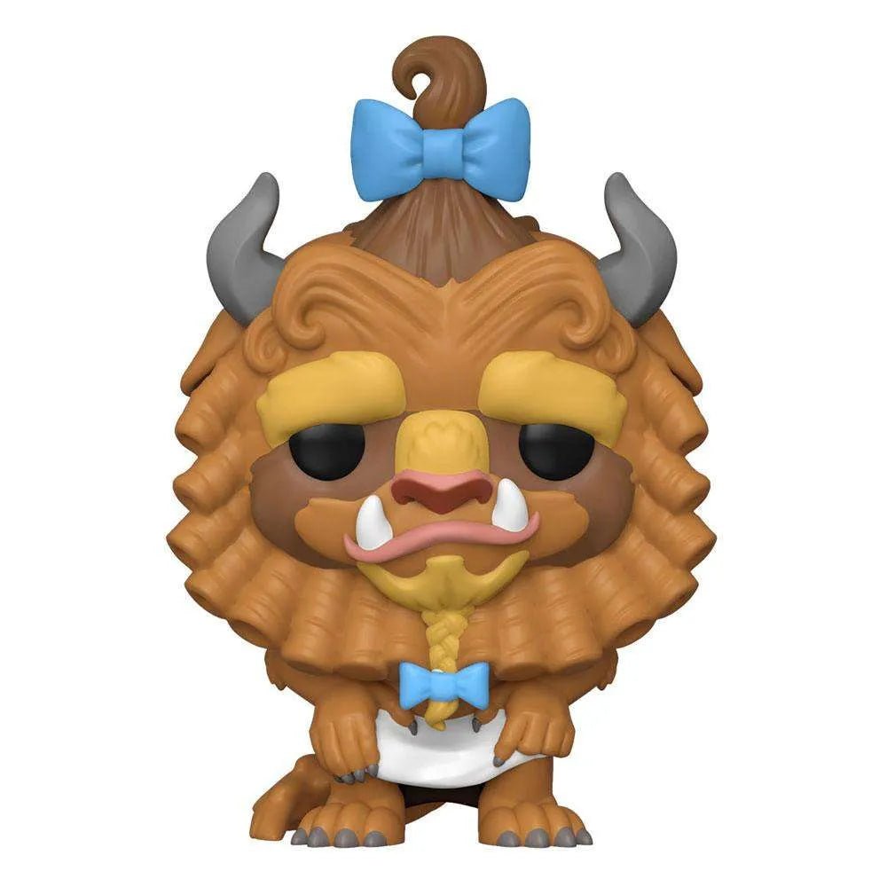 Funko Pop The Beast with Curls 30th Anniversary figure featuring brown fur, blue bows, and horns in a front view.