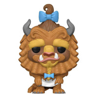 Funko Pop The Beast with Curls 30th Anniversary figure featuring brown fur, blue bows, and horns in a front view.