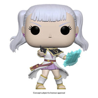 Funko POP! Noelle figure from Black Clover featuring silver pigtails, a white and purple outfit, and a blue magic shield.