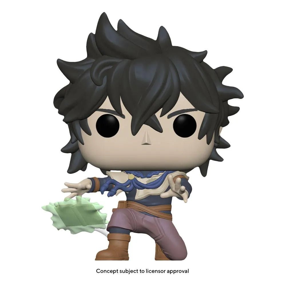 Funko POP! Black Clover Yuno vinyl figure in a dynamic pose with spiky black hair and a green magic grimoire.