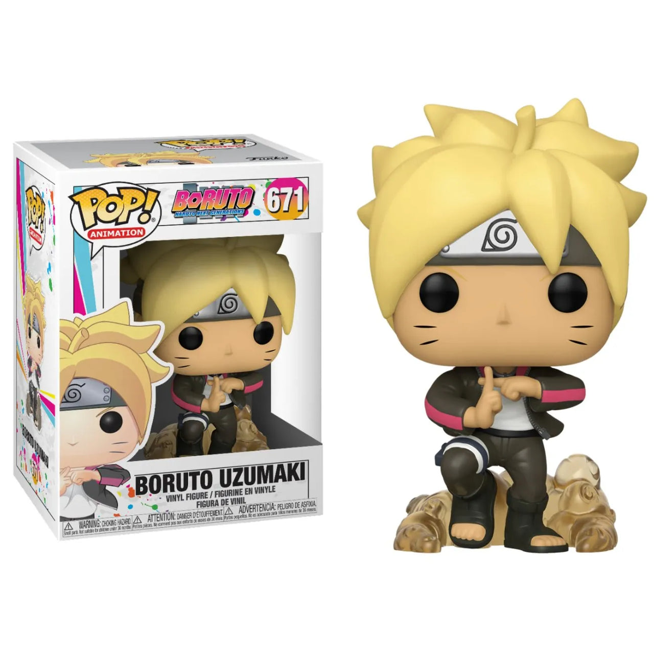 Funko POP Boruto Uzumaki vinyl figure with blonde hair and black jacket, shown with its branded display box.