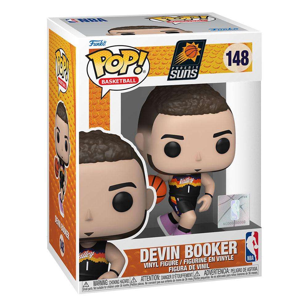Funko POP! Devin Booker Phoenix Suns #148 vinyl figure in its original window display box packaging.