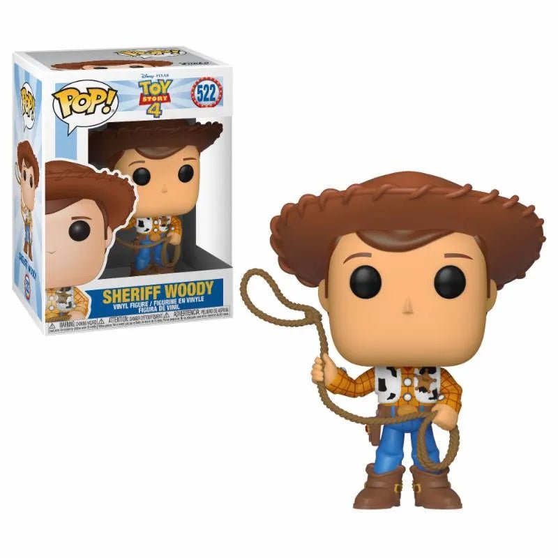 Funko POP! Disney Pixar Sheriff Woody #522 vinyl figure holding a lasso, shown with its branded display box.