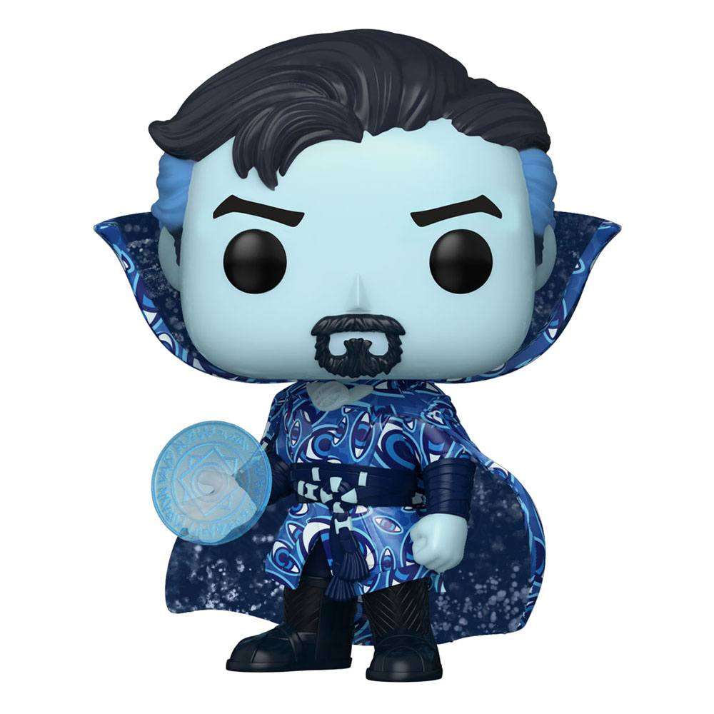 Funko POP! Doctor Strange #1000 vinyl figure with blue skin, patterned robes, and a glowing magic disc in his hand.