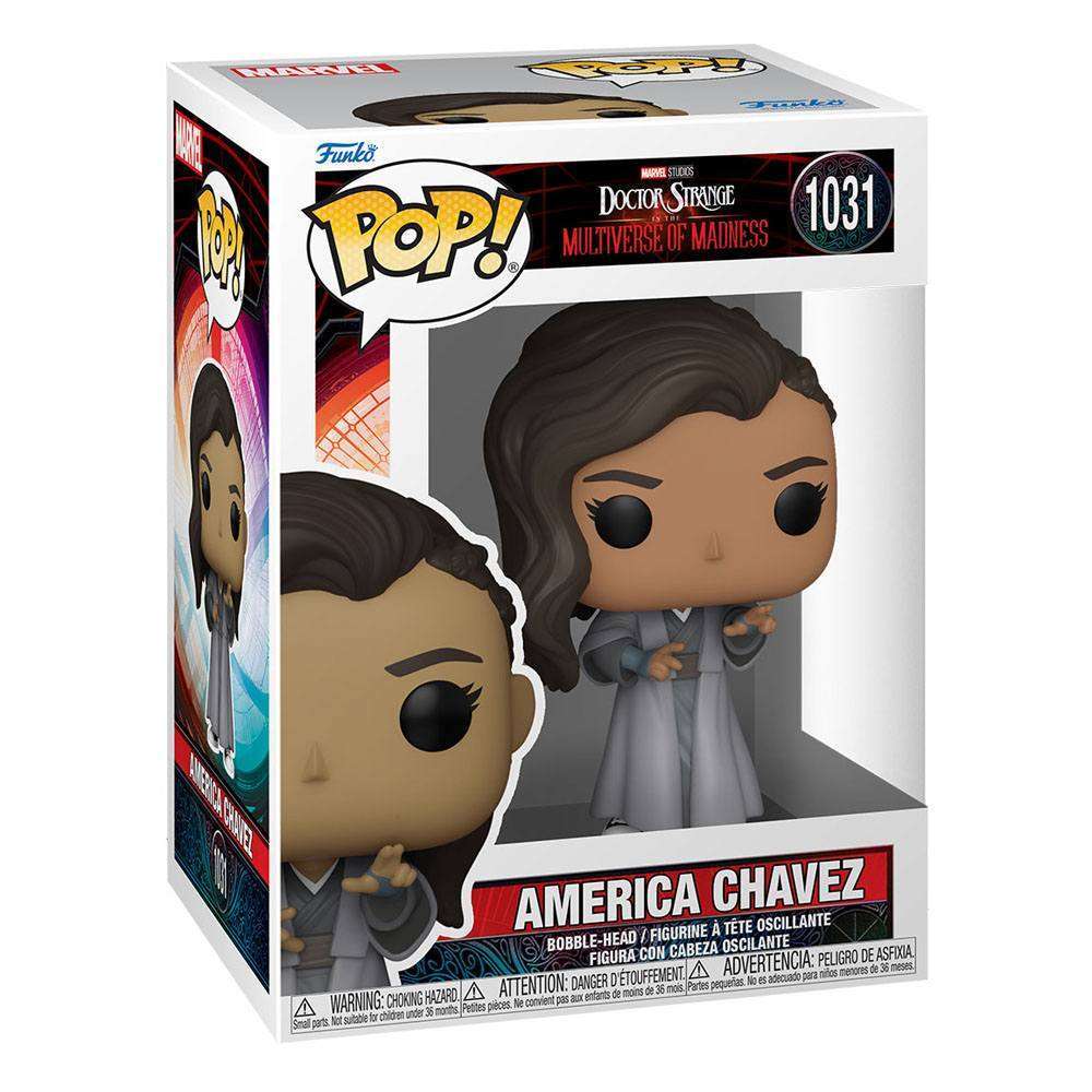 Funko POP! America Chavez #1031 vinyl figure in its original branded window display box, front and side view.