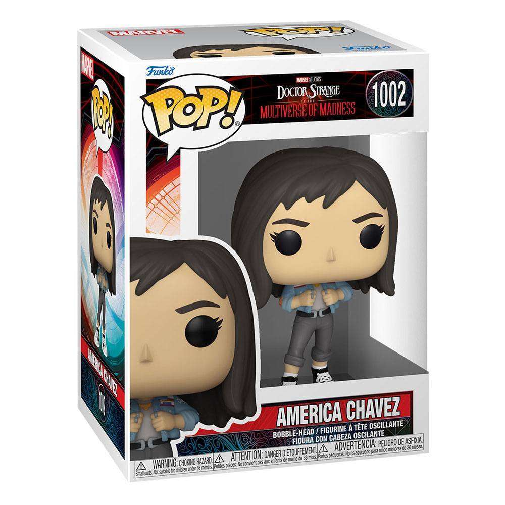 Funko POP! America Chavez vinyl figure #1002 in its original branded window box packaging, front view.