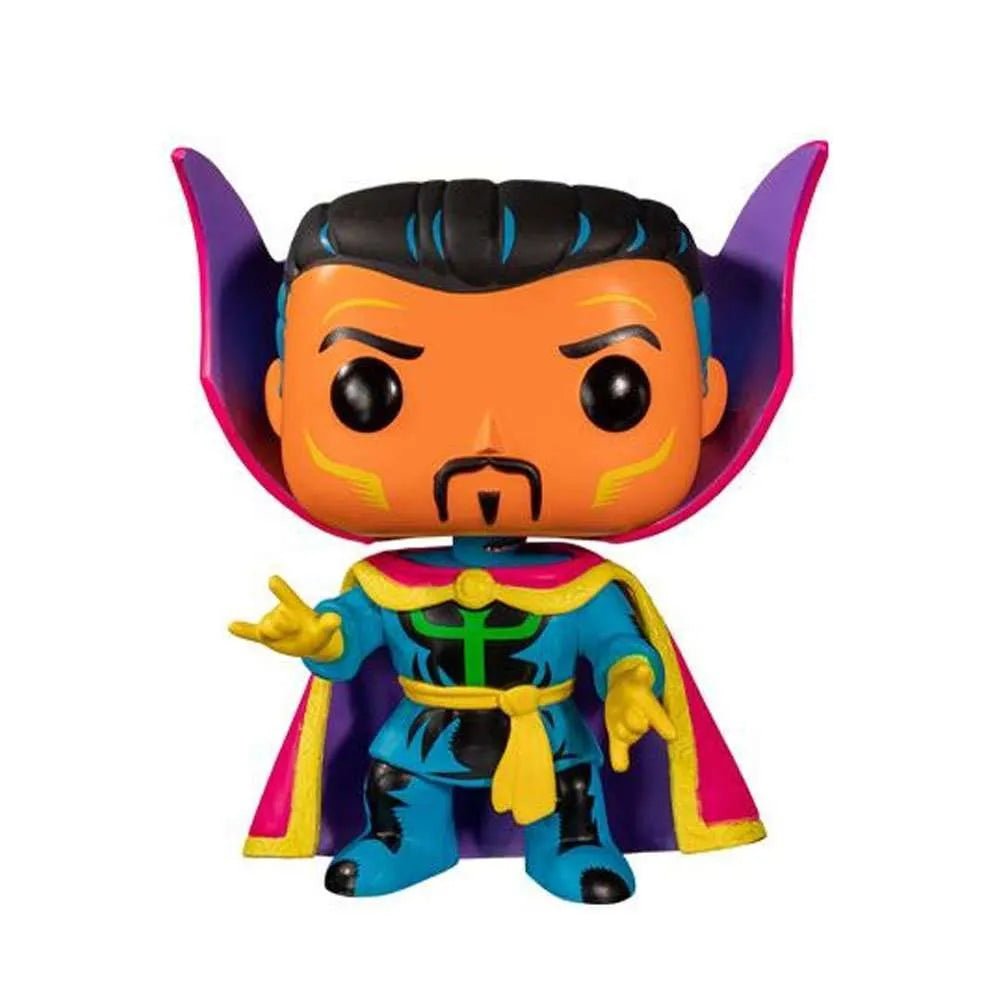Funko POP! Dr. Strange Black Light vinyl figure featuring vibrant neon colors, a purple cape, and a front-facing pose.