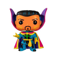 Funko POP! Dr. Strange Black Light vinyl figure featuring vibrant neon colors, a purple cape, and a front-facing pose.