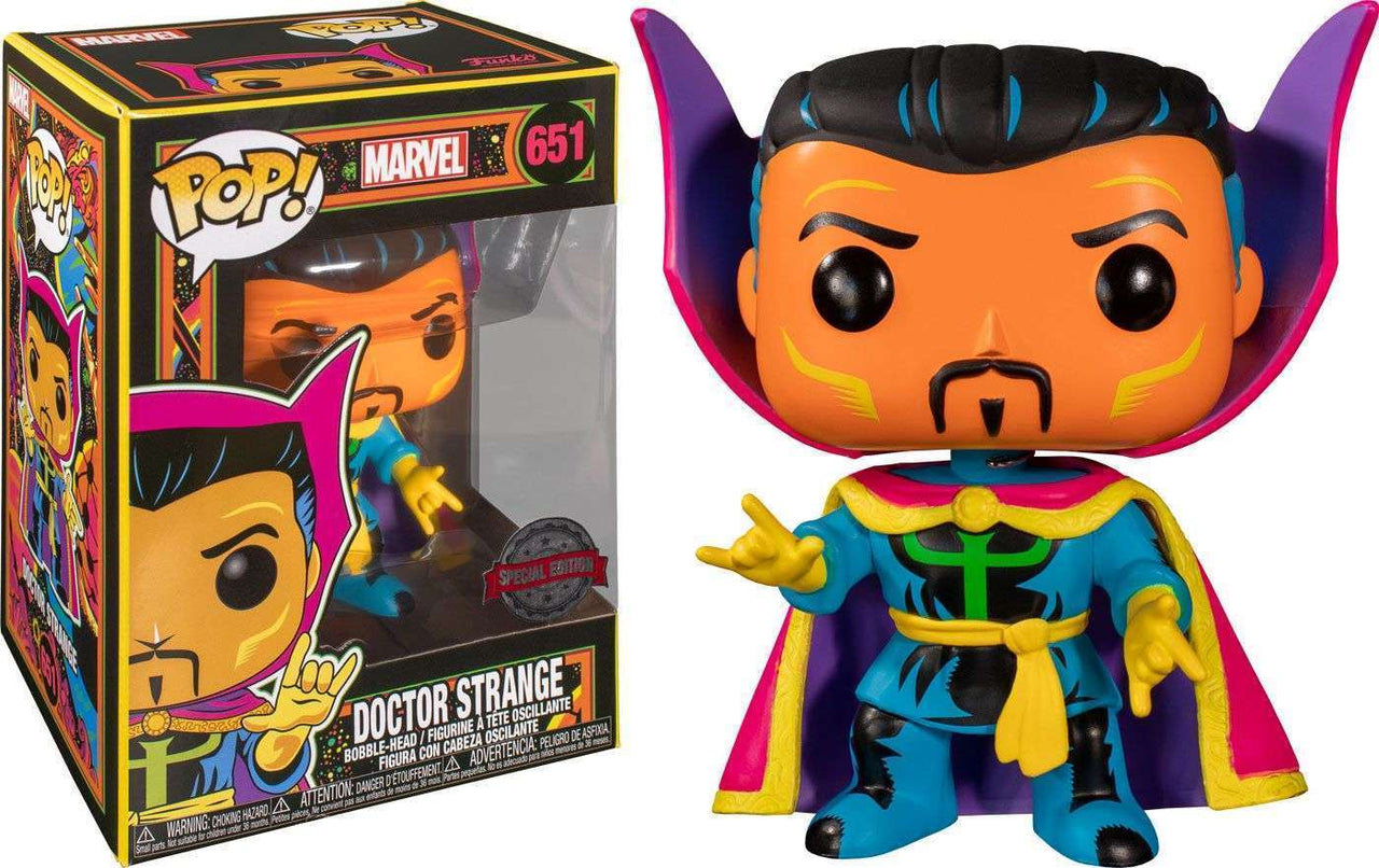 Funko POP! Dr. Strange Black Light vinyl figure with vibrant blue, yellow, and purple colors next to its display box.