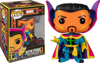 Funko POP! Dr. Strange Black Light vinyl figure with vibrant blue, yellow, and purple colors next to its display box.