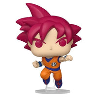 Funko POP! Super Saiyan God Goku vinyl figure with red hair and orange gi in a dynamic flying pose on a clear stand.