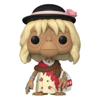 Funko POP! E.T. in Disguise figure wearing a blonde wig, black hat, floral dress, and carrying a white purse.