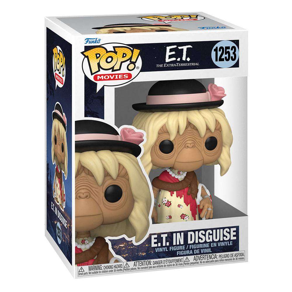 Funko POP! E.T. in Disguise 40th Anniversary vinyl figure in its original display box, front and side view.