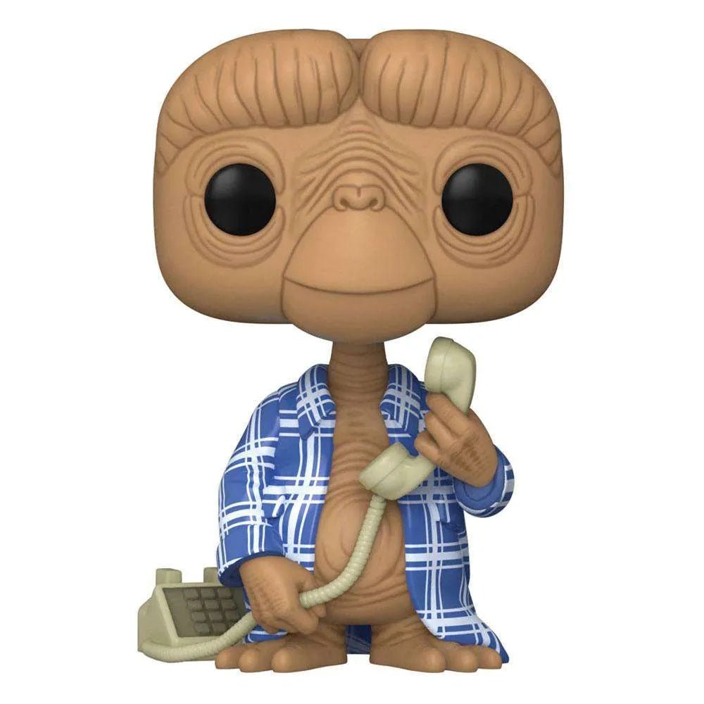 Funko POP! E.T. in Flannel Robe figure wearing a blue plaid robe and holding a vintage telephone handset.