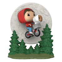 Funko POP! Elliott & E.T. Flying Over Moon 2-Pack featuring Elliott on a bicycle against a glow-in-the-dark moon.