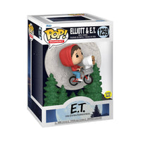 Funko POP! Elliott & E.T. Flying Over Moon Movie Moments 2-pack in window box packaging with glow-in-the-dark features.