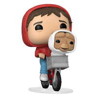 Funko POP! Elliott in a red hoodie riding a bike with E.T. in the front basket, 40th Anniversary vinyl figure.