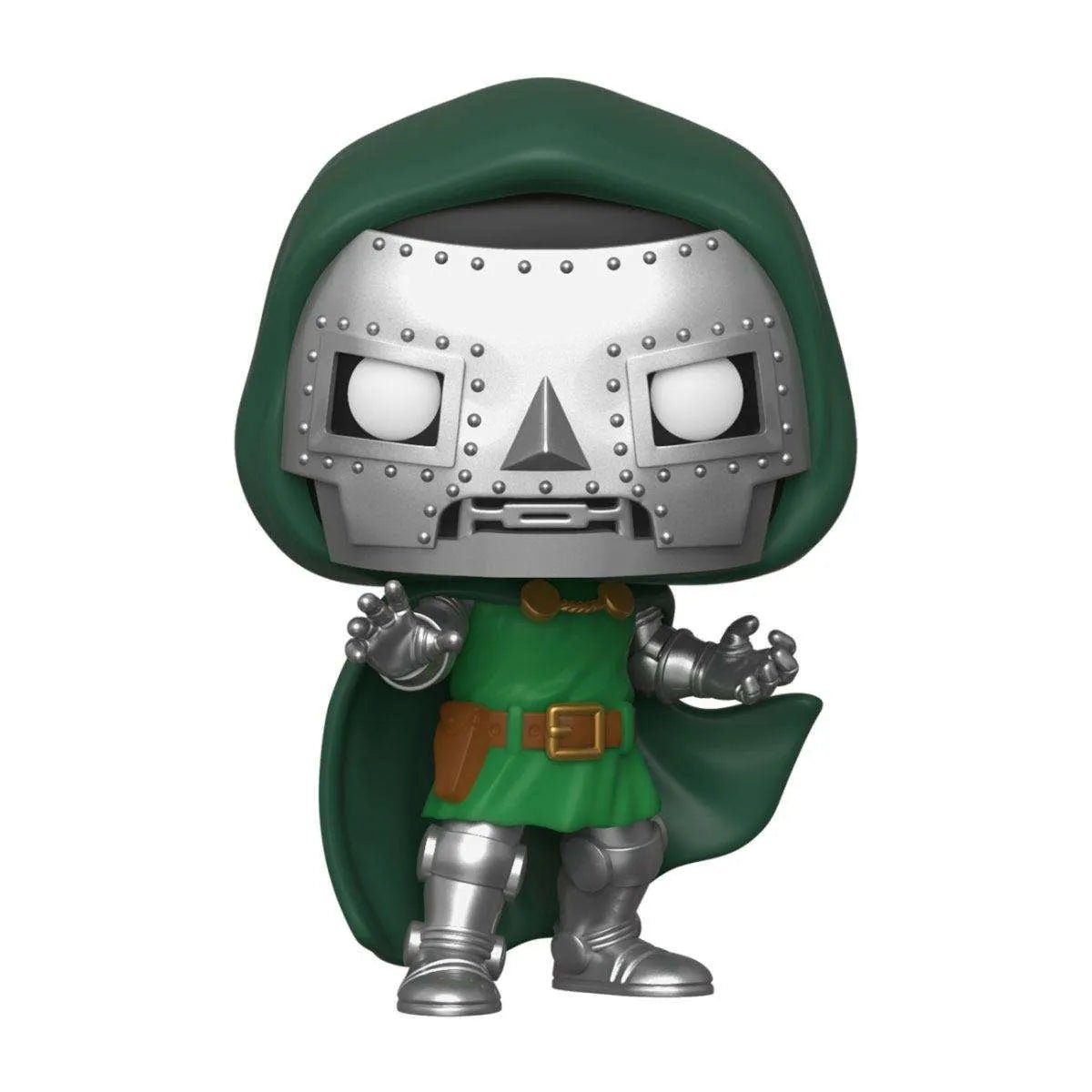 Front view of a 9 cm Funko POP Doctor Doom vinyl figure with a silver mask, green hooded cape, and metallic armor.