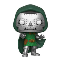 Front view of a 9 cm Funko POP Doctor Doom vinyl figure with a silver mask, green hooded cape, and metallic armor.