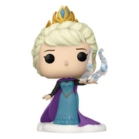 Funko POP! Frozen Elsa #1024 figure wearing a gold crown and blue gown with a purple cape, holding translucent ice magic.
