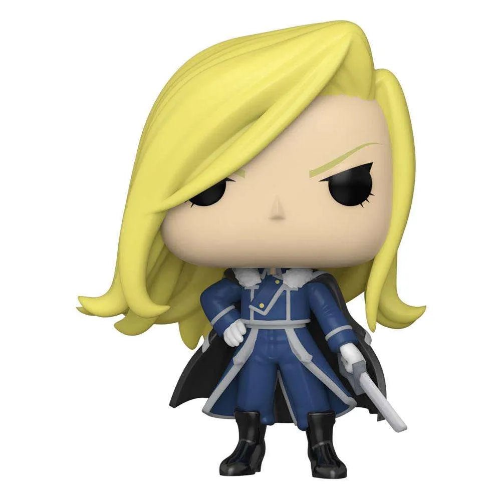 Funko POP! Olivier Mira Armstrong figure with long blonde hair, wearing a blue military coat with fur collar.
