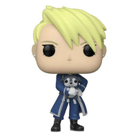 Funko POP! Riza Hawkeye figure with blonde hair, wearing a blue military uniform and holding a small black and white dog.