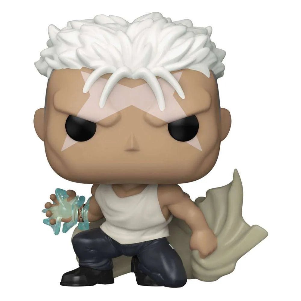 Funko POP! Scar from Fullmetal Alchemist: Brotherhood featuring white hair, a white tank top, and blue energy effect.